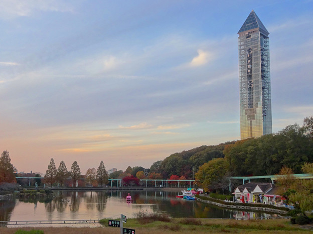 紅葉した園内の木々と東山スカイタワー - 8
