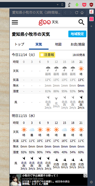 VIvaldi WEBパネルで「goo天気」