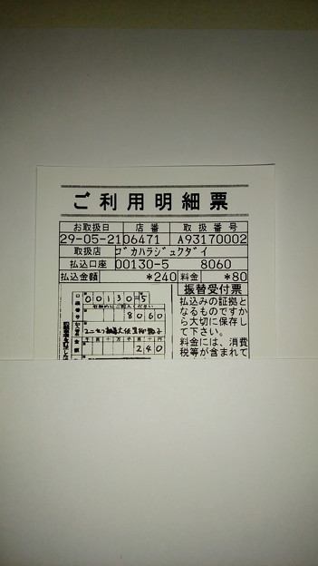 ユニセフ親善大使黒柳徹子さんの口座に寄付した明細書