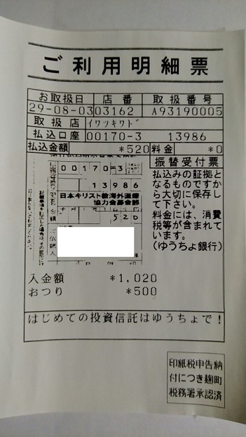 日本キリスト教海外医療協力会に寄付金を送金した明細書